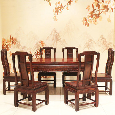 国标红木家具印尼黑酸枝长方桌中式餐桌饭桌椅组合阔叶黄檀餐桌